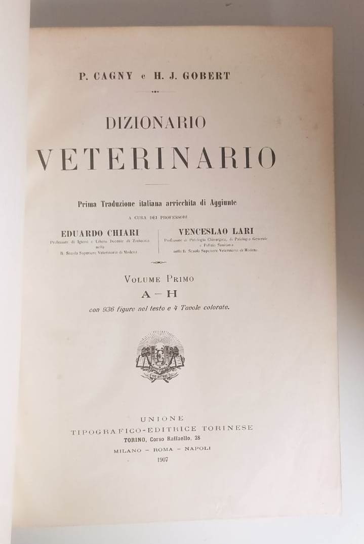 LH- DIZIONARIO VETERINARIO VOLUMI 1/2 - CAGNY GOBERT - UTET --- 1907 - C- ZFS319