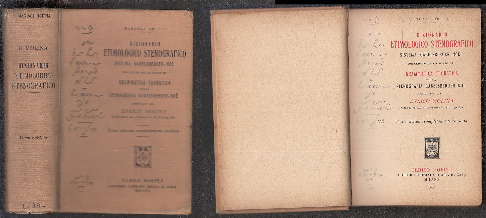 LZ- DIZIONARIO ETIMOLOGICO STENOGRAFICO- MOLINA- HOEPLI- MANUALI-- 1930- C-XFS83