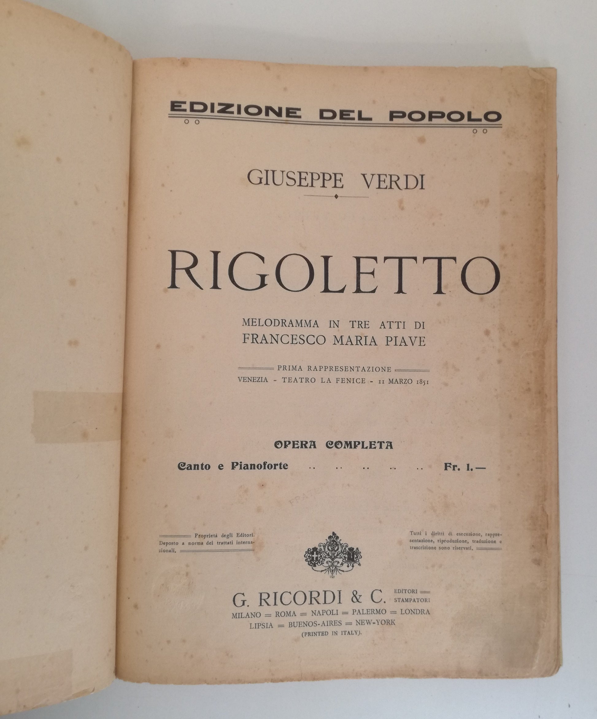 LT- SPARTITO RIGOLETTO CANTO E PIANOFORTE - GIUSEPPE VERDI - RICORDI ---- C- WPR