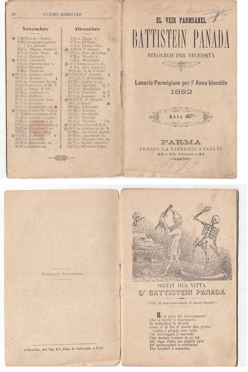 LZ- EL VEIR PARMSANEL BATTISTEIN PANADA - LUNARIO PARMIGIANO ANNO BISESTILE 1892