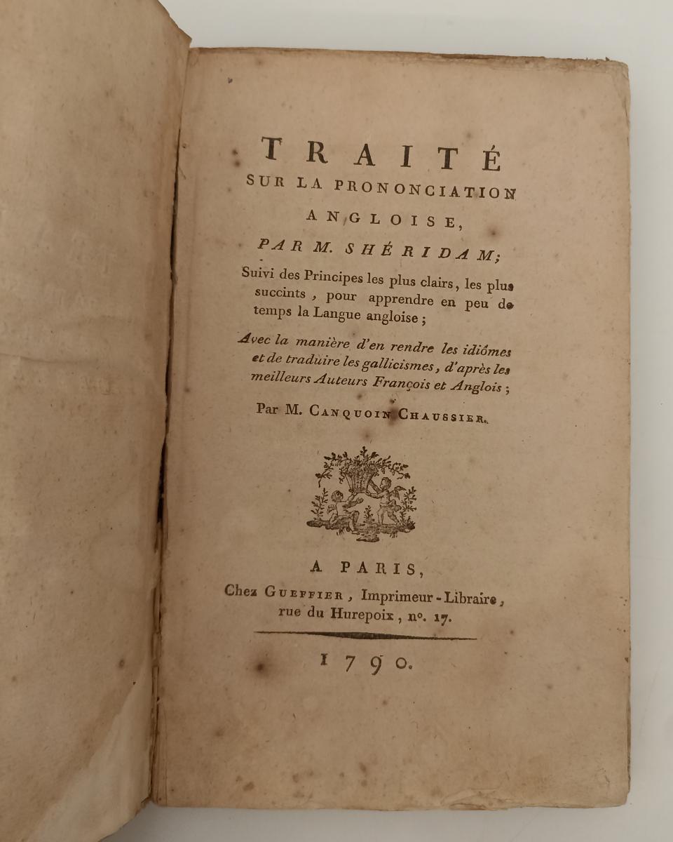 LH- TRAITE' SUR LA PRONONCIATION ANGLOISE SHERIDAM SETTECENTINA- 1790- B- XFS140