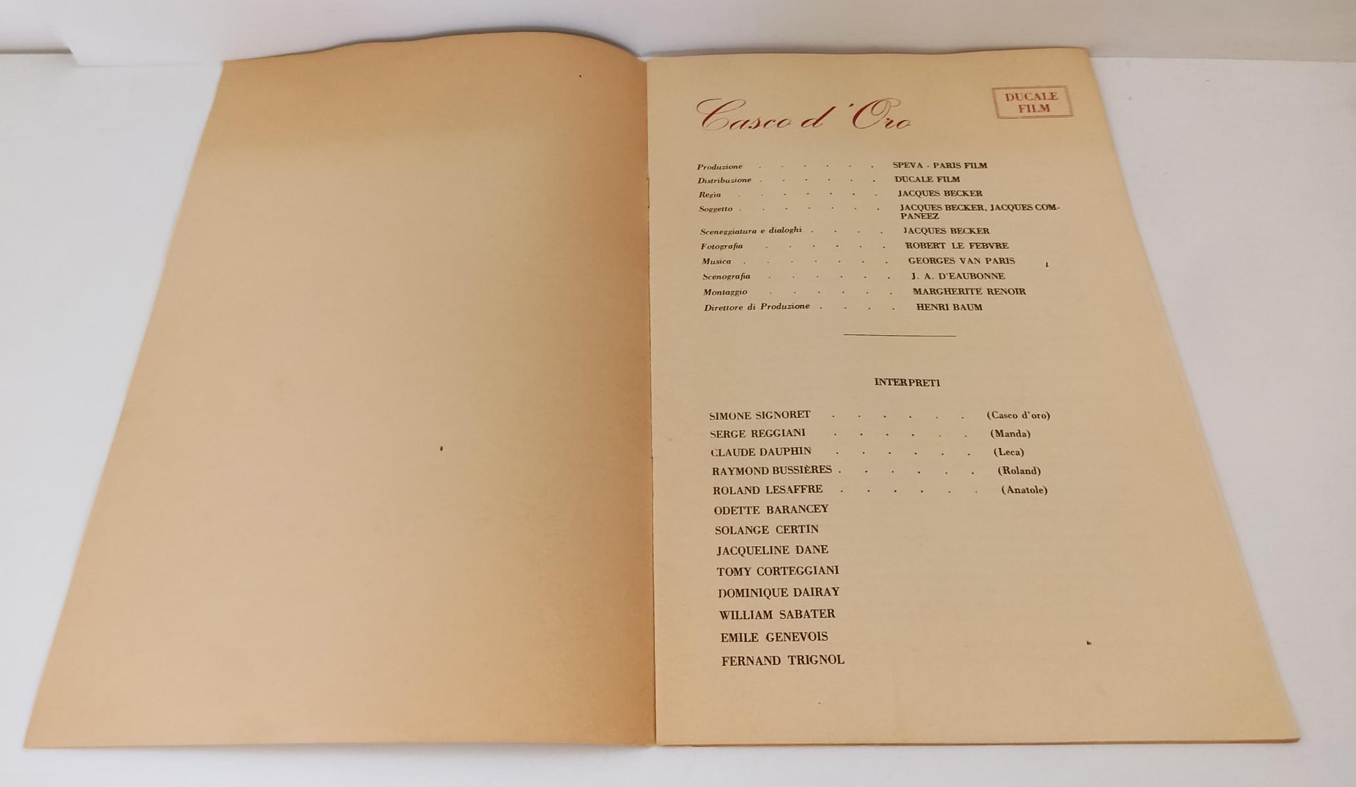 LR- BROCHURE CASCO D'ORO CASQUE D'OR - JACQUES BECKER- DUCALE FILM PARMA- RVSa29