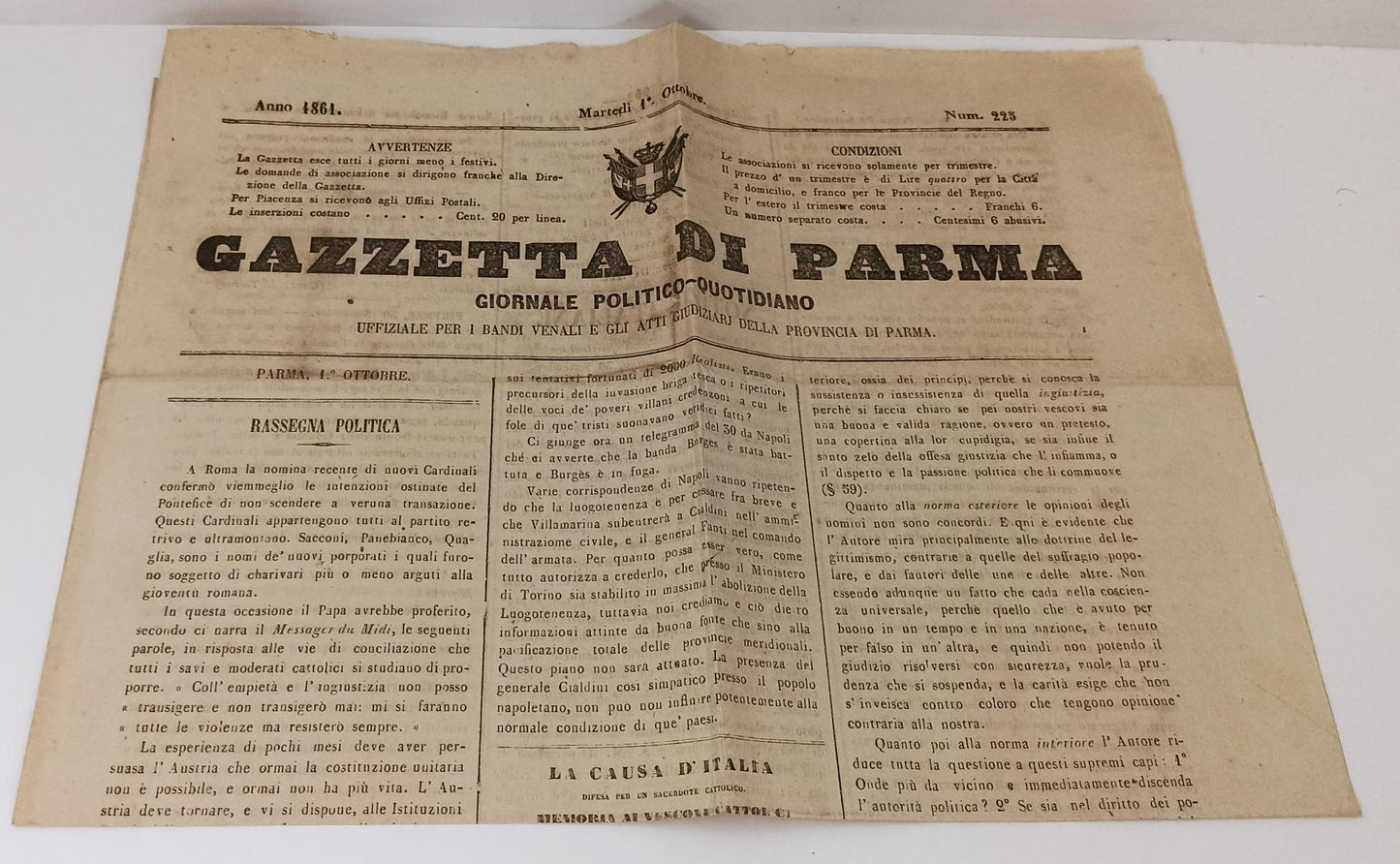 LR- QUOTIDIANO GAZZETTA DI PARMA ANNO 1861 N.223 MARTEDI' 1° OTTOBRE - RVSa19