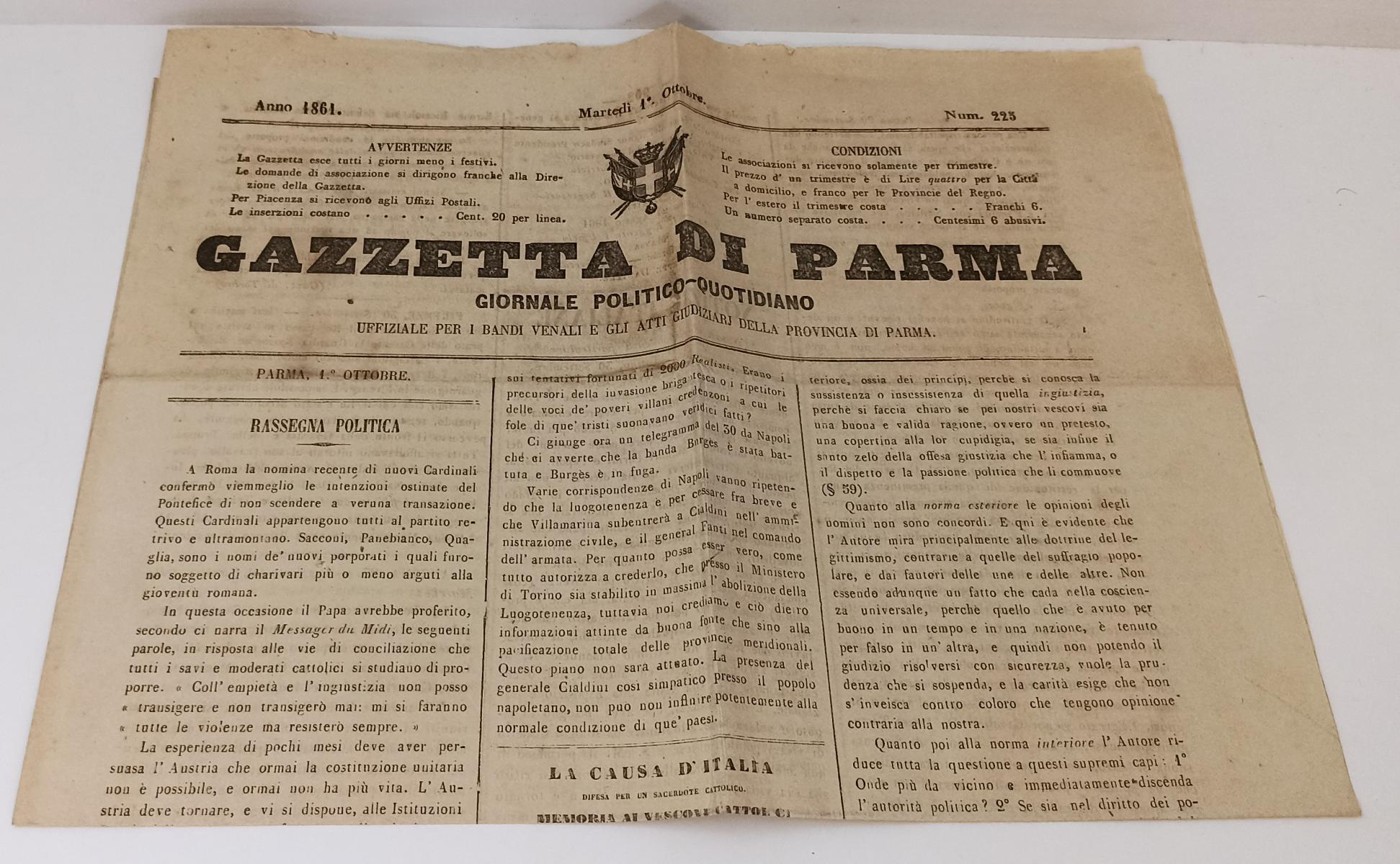 LR- QUOTIDIANO GAZZETTA DI PARMA ANNO 1861 N.223 MARTEDI' 1° OTTOBRE - RVSa19