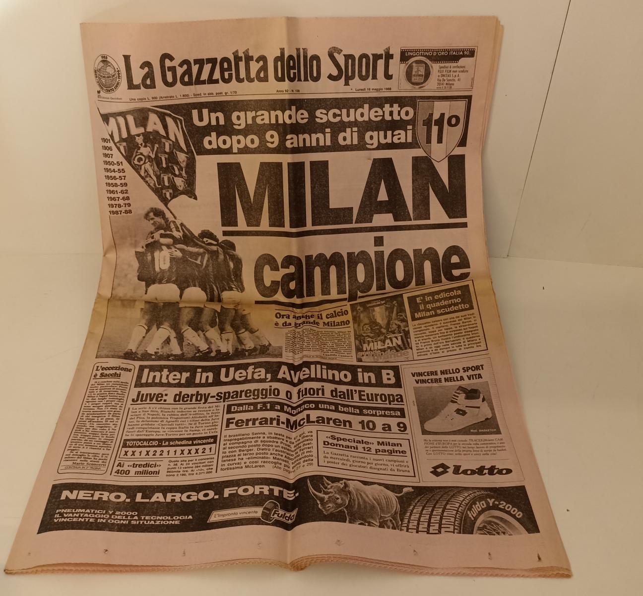 LC- QUOTIDIANO GAZZETTA SPORT 16 MAGGIO 1988 MILAN CAMPIONE SCUDETTO 11- RVSa102