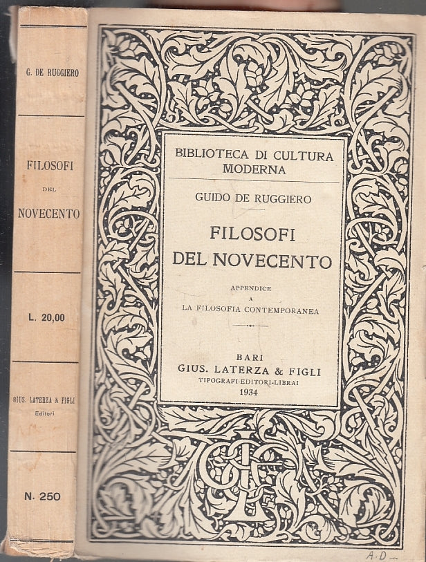LS- FILOSOFI DEL NOVECENTO- DE RUGGIERO- LATERZA- CULTURA MODERNA-- 1934- B- XFS
