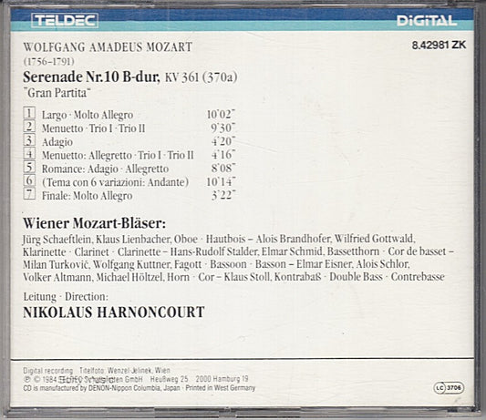 MCD- CD MOZART GRAN PARTITA MOZART-BLAESER HARNONCOURT TELDEC - ZCD6