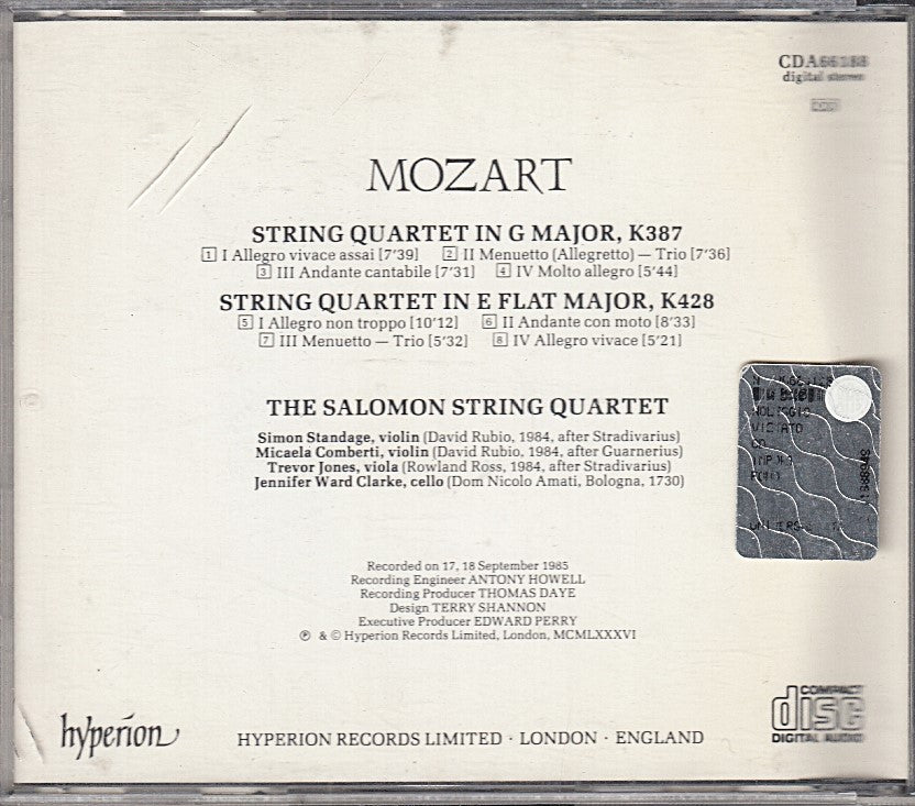 MCD- CD MOZART STRING QUARTETS K387 K482 SALOMON STRING QUARTET HYPERION - ZCD6