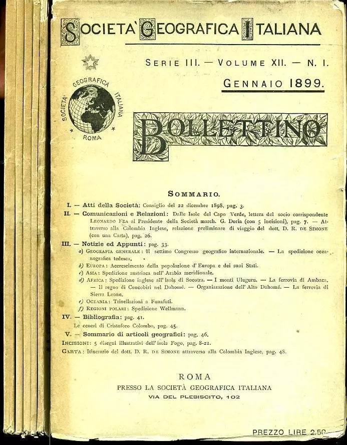 LR- BOLLETTINO REALE SOCIETA' GEOGRAFICA 1/12 ANNATA AVANZATA - 1899 - B- YFS974