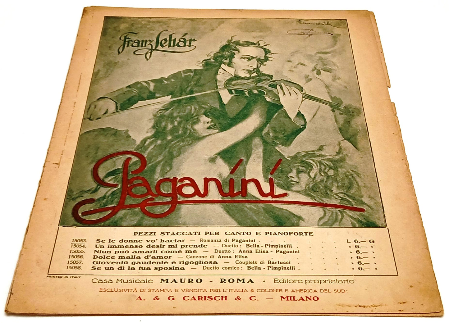 CV- SPARTITO FRANZ LEHAR - PAGANINI - CASA MUSICALE MAURO 1925 CARISCH - RVSh65