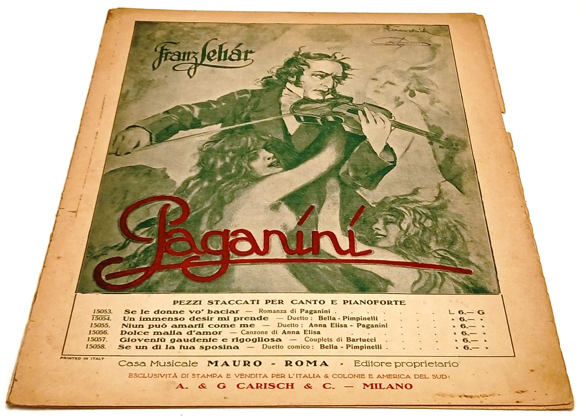 CV- SPARTITO FRANZ LEHAR - PAGANINI - CASA MUSICALE MAURO 1925 CARISCH - RVSh65
