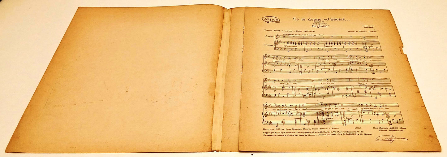 CV- SPARTITO FRANZ LEHAR - PAGANINI - CASA MUSICALE MAURO 1925 CARISCH - RVSh65