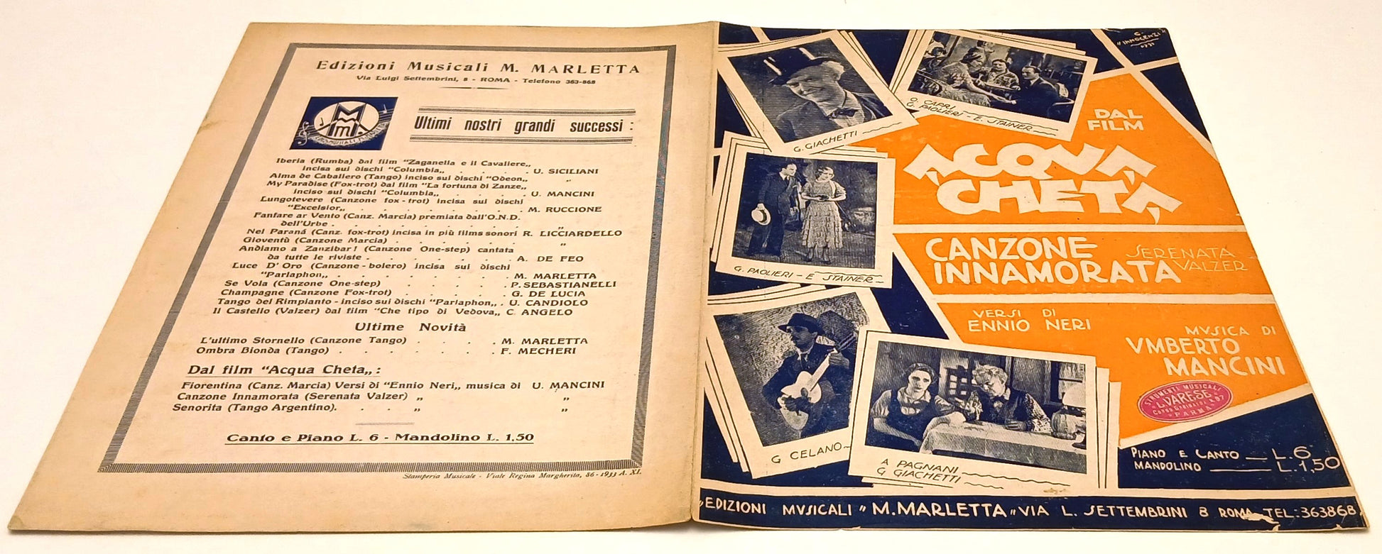 CV- SPARTITO ACQUA CHETA CANZONE INNAMORATA SERENATA VALZER NERI MARLETTA RVSh68