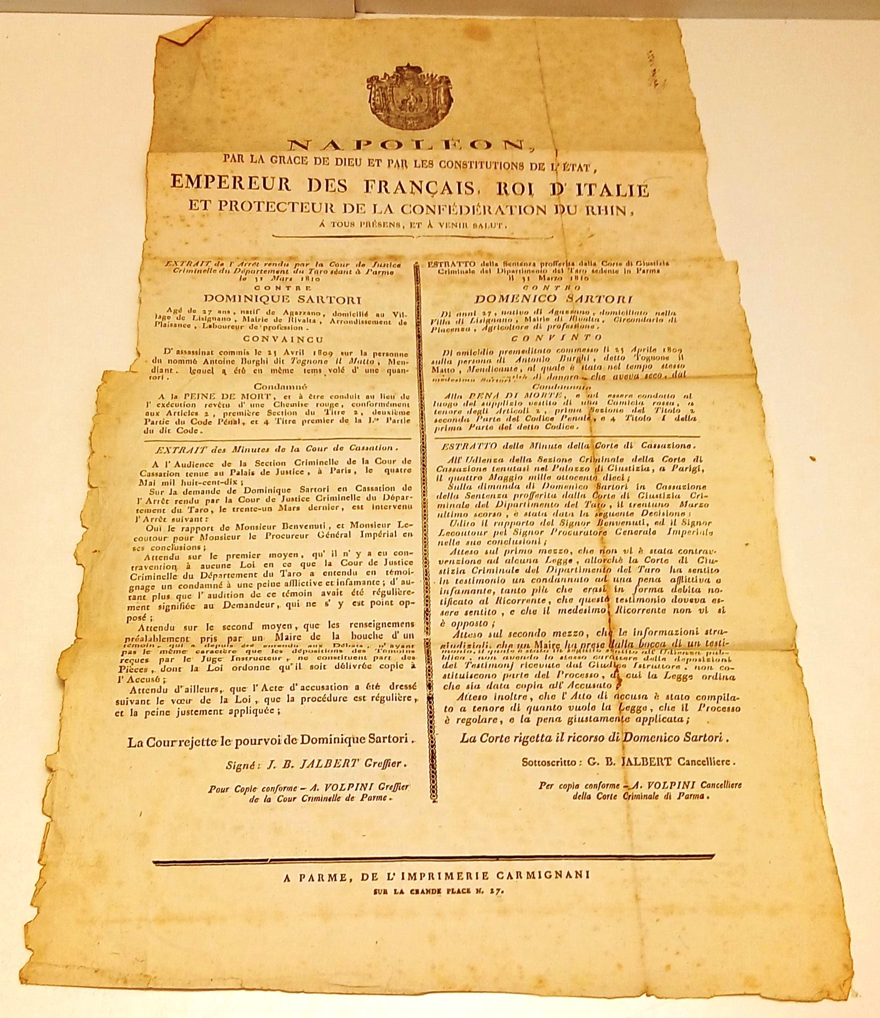 CV- GRIDA NAPOLEONE EMPEREUR FRANCAIS ROI D'ITALIE CARMIGNANI PARMA 1810- RVSh46