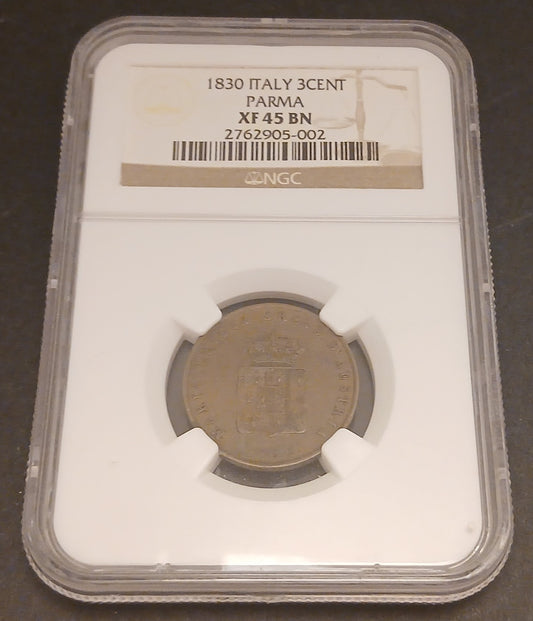CB- MONETA GRADUATA NGC  ITALIA 1830 - 3 CENTESIMI PARMA  XF 45 BN - GTTS99