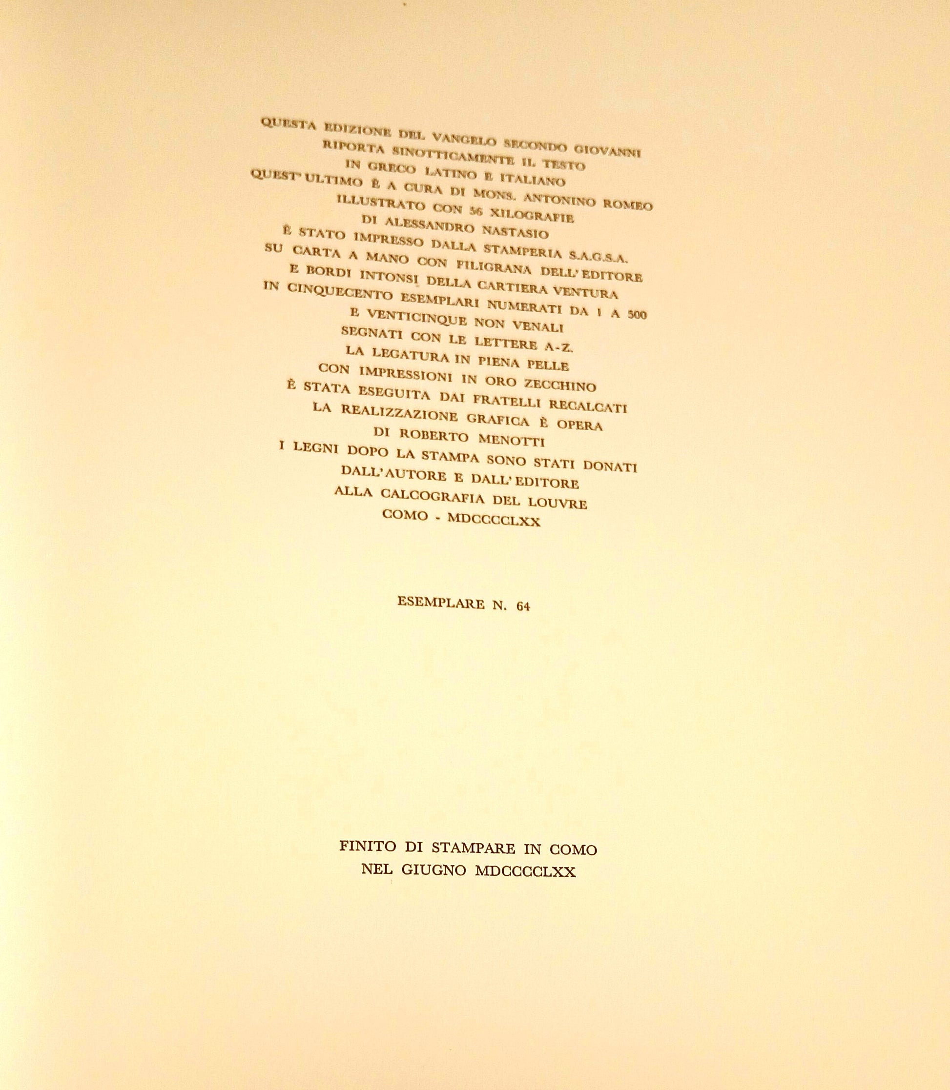 LT- IL VANGELO SECONDO GIOVANNI XILOGRAFIE- ROMEO NASTASIO- MARZORATI- 1970- ZFS