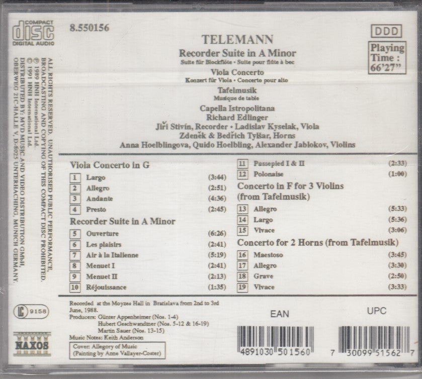 MCD- CD TELEMANN RECORDER SUITE VIOLA CONCERTO NAXOS - ZCD1
