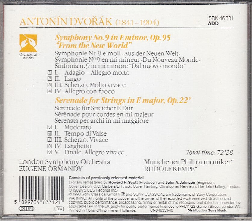 MCD- CD DVORAK SYMPHONY N. 9 SERENADE FOR STRINGS ORMANDY KEMPE SONY - ZCD6