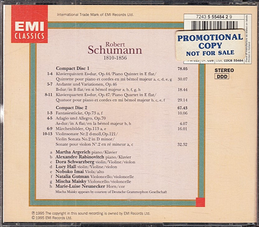 MCD- CD SCHUMANN CHAMBER MUSIC MARTHA ARGERICH EMI 2 CD - ZCD12