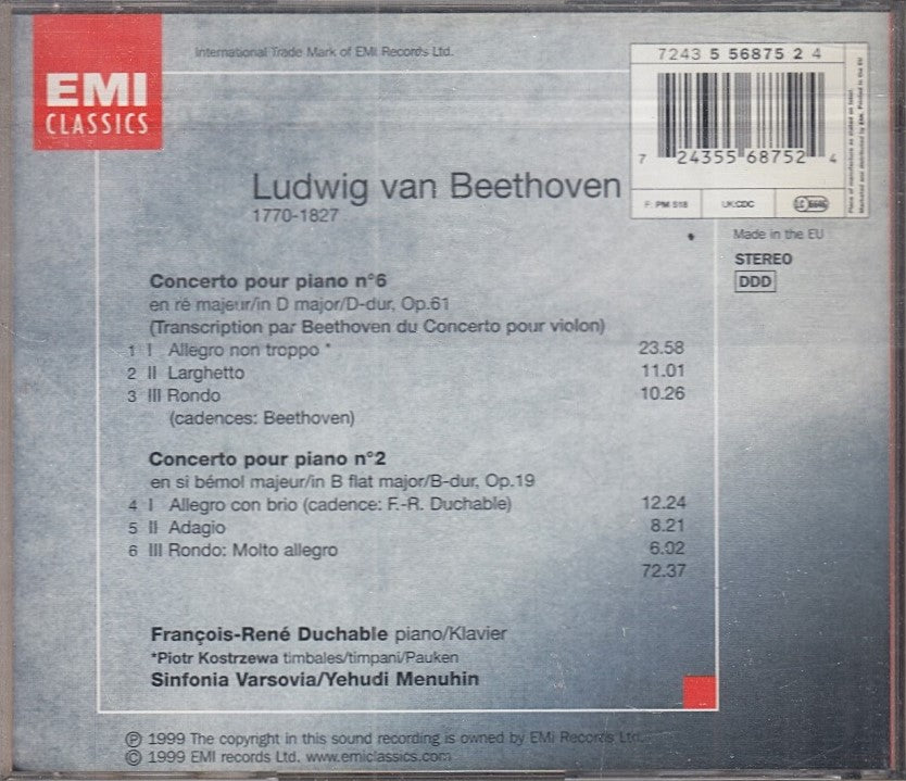 MCD- CD BEETHOVEN PIANO CONCERTOS 2 & 6 DUCHABLE MENUHIN EMI CLASSICS - ZCD11