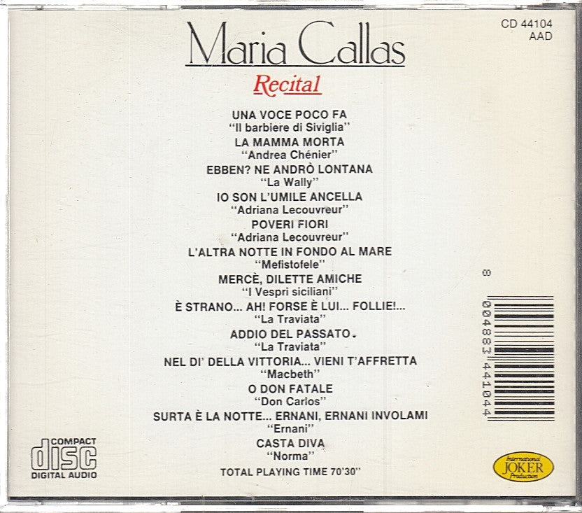 MCD- CD MARIA CALLAS RECITAL INTERNATIONAL JOKER PRODUCTION - ZCD8