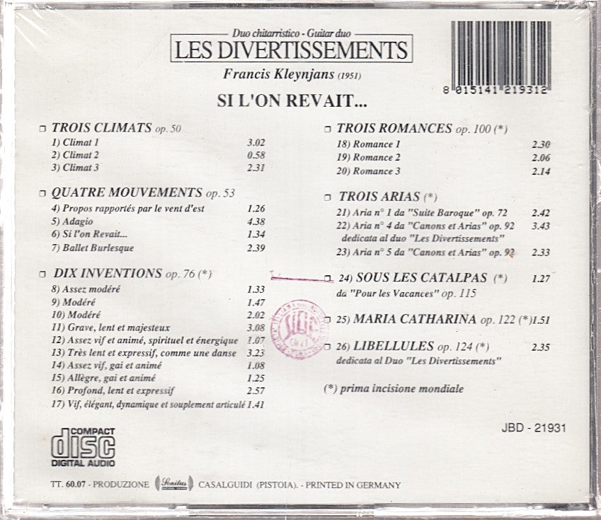 MCD- CD KLEYNJANS SI L'ON REVAIT LES DIVERTISSEMENTS SONITUS BLISTER - ZCD11