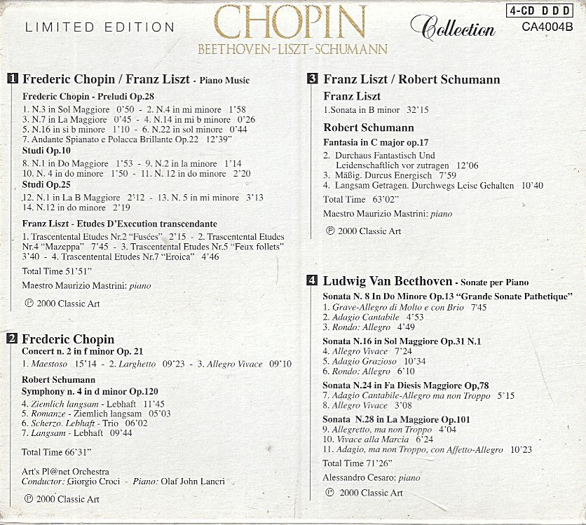 MCD- CD LIMITED EDITION CHOPIN BEETHOVEN LISZT SCHUMANN CLASSIC ART 4CD - ZCD9