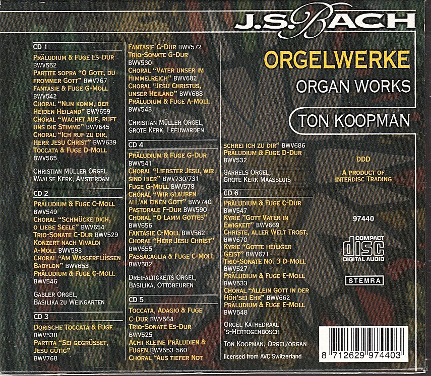 MCD- CD BACH ORGELWERKE TON KOOPMAN INTERDISC TRADING BOX 6 CD - ZCD6