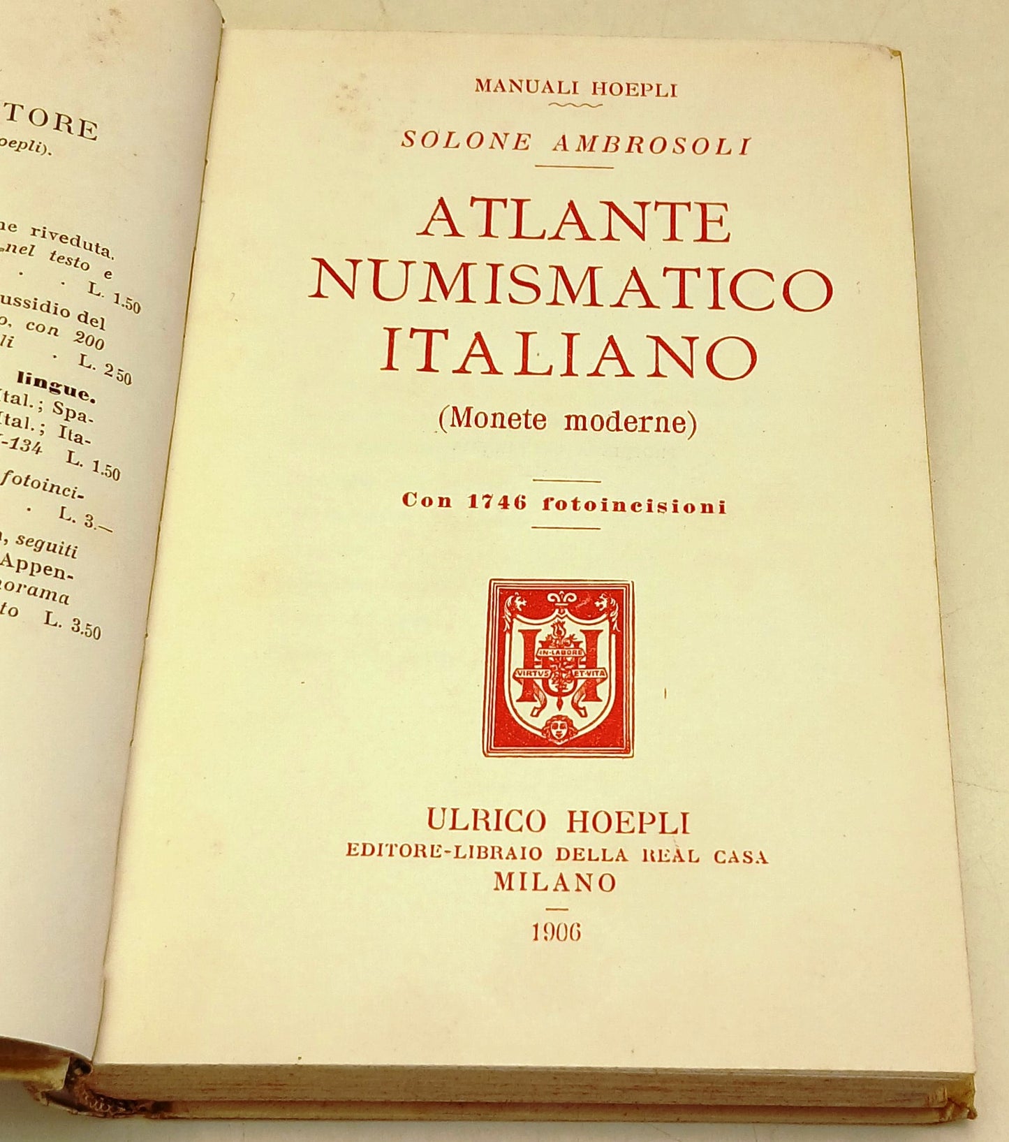 Atlante Numismatico Italiano - Ambrosoli - Ulrico Hoepli Manuali - 1a ed. - XFS