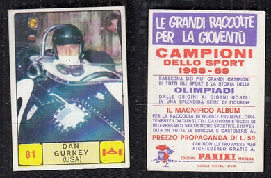 RACING PILOTES CARS CARD- PANINI- CAMPIONI SPORT 1968/69 - DAN GURNEY - 81- MINT