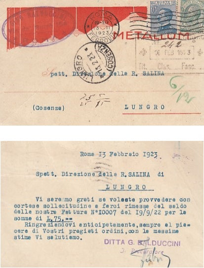 CC- CARTOLINA FABBRICA METALLUM GINO BALBUCCINI ROMA 1923 SALINA LUNGRO- CRT1822