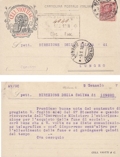 CC- CARTOLINA FABBRICA CELI VIOTTI MILANO 1918 SALINA LUNGRO - CRT1823