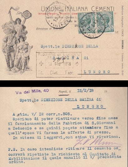 CC- CARTOLINA POSTALE UNIONE ITALIANA CEMENTI 1918 SALINA LUNGRO - CRT1824