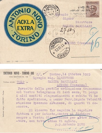 CC- CARTOLINA ANTONIO NUOVO TORINO ACKLA EXTRA 1926 SALINA LUNGRO  - CRT1825