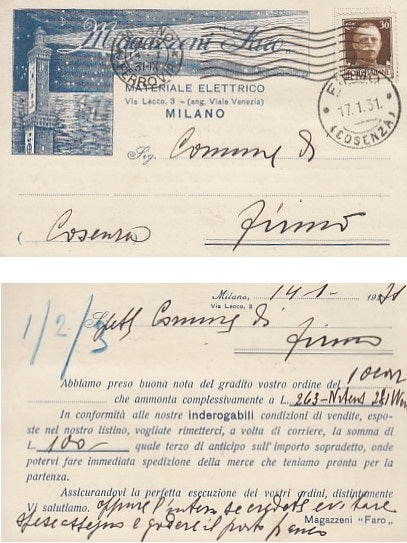 CC- CARTOLINA MAGAZZENI FARO MATERIALE ELETTRICO 1931 - CRT1827