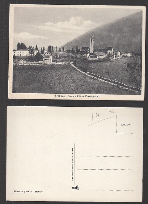 CC- CARTOLINA PAESAGGISTICA TROBASO VERBANIA SCUOLA CHIESA PARROCCHIALE- CRT1952