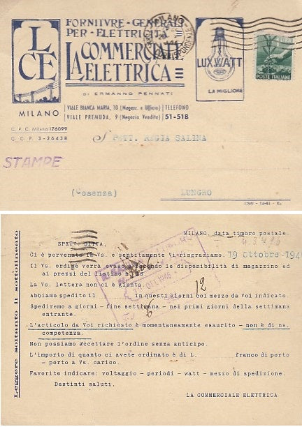 CARTOLINA - LA COMMERCIALE ELETTRICA FORNITURE GENERALI MILANO - CRT2132