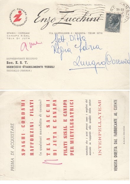 CARTOLINA - ESERCIZIO STABILIMENTI TESSILI ENZO ZUCCHINI BOLOGNA - CRT2134