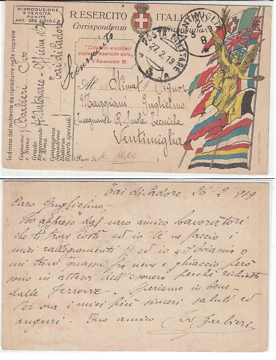 CC- CORRISPONDENZA IN FRANCHIGIA POSTA MILITARE 3 1919 4° AUTOPARCO - CRT2297