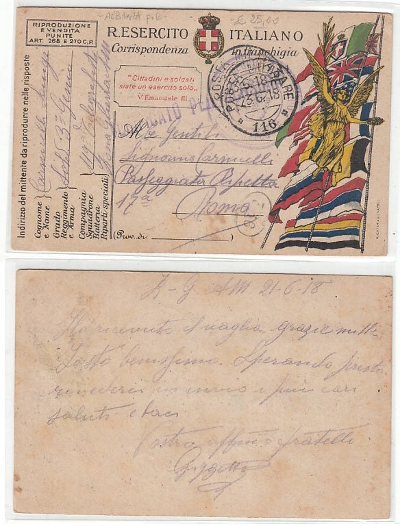 CC- CORRISPONDENZA IN FRANCHIGIA POSTA MILITARE 116 ALBANIA 1918 - CRT2301