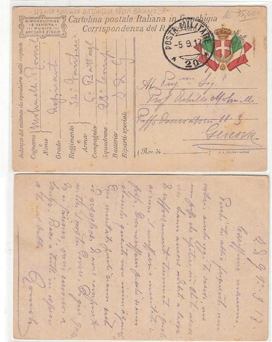 CC- CORRISPONDENZA IN FRANCHIGIA POSTA MILITARE 20 BATTAGLIA BAINSIZZA - CRT2332