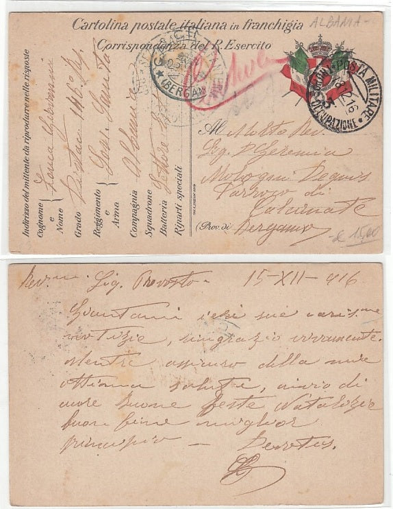 CC- CORRISPONDENZA IN FRANCHIGIA POSTA MILITARE 3 ALBANIA 1916 - CRT2334
