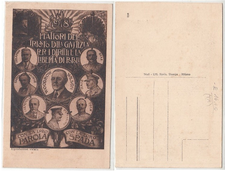 CC- CARTOLINA WW1 1918 WILSON DIAZ PERSHING HAIG FOCH GIUSTIZIA LIBERTA' CRT2410