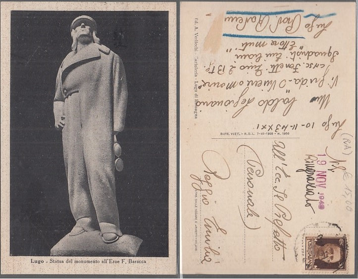 CC- CARTOLINA LUGO STATUA MONUMENTO ALL'EROE BARACCA VIAGGIATA 1943 XXI- CRT2472