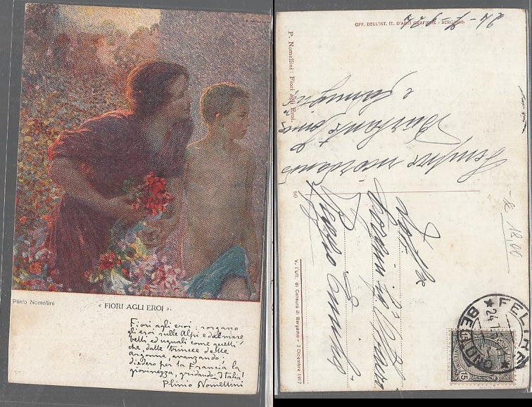 CC- CARTOLINA NOMELLINI FIORI AGLI EROI VIAGGIATA 1924 BELLUNO - CRT2485