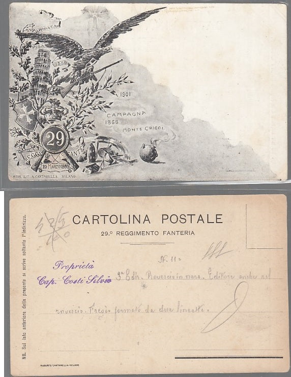 CC- CARTOLINA MILITARE 29° REGGIMENTO FANTERIA BRIGATA PISA 1901 - CRT