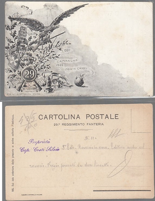 CC- CARTOLINA MILITARE 29° REGGIMENTO FANTERIA BRIGATA PISA 1901 - CRT