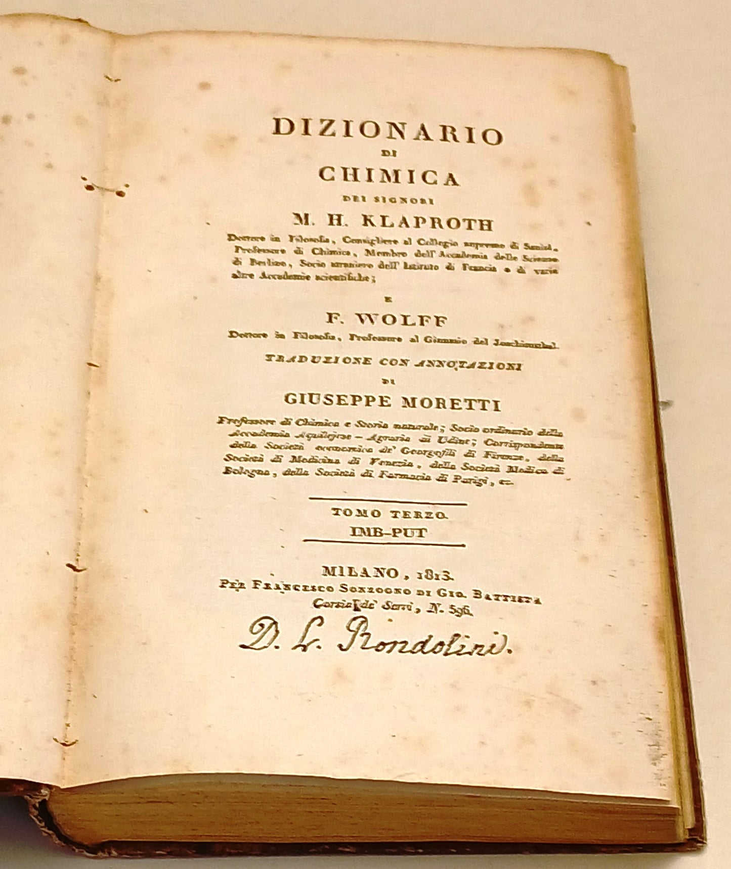 Dizionario di Chimica Tomo III IMB-PUT - Klaproth Wolff - Sonzogno- 1813- XFS154