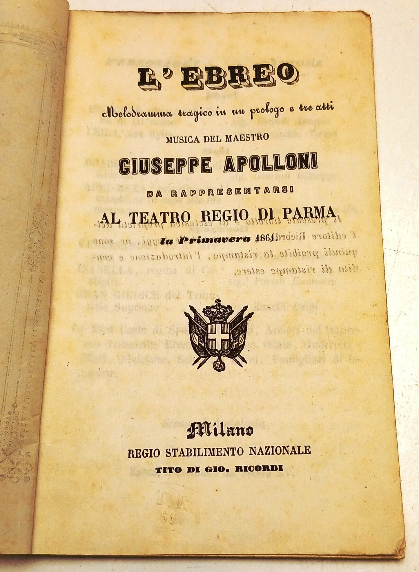 Libretto d'opera L'ebreo- Apolloni- Parma Teatro Regio 1861- con attori- RVSz140