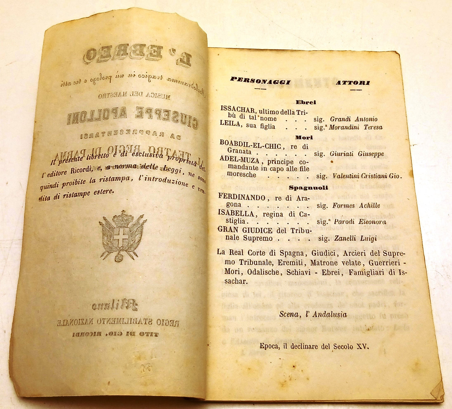 Libretto d'opera L'ebreo- Apolloni- Parma Teatro Regio 1861- con attori- RVSz140
